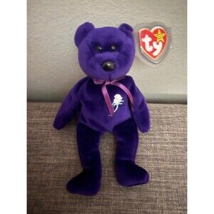 Ty Beanie Baby Princess Diana Retired 1997 Purple Bear White Rose